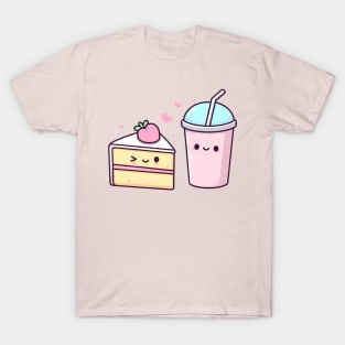 Kawaii Food Art with Strawberry Cake and Milkshake | Cute Design for Kawaii Lovers T-Shirt